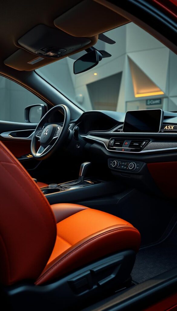 Detailed interior of a Mitsubishi ASX, showcasing the high-quality materials and thoughtful cabin design. Crisp, evenly lit close-up view of the dashboard, center console, and door panels, highlighting the tactile leather upholstery, brushed metal accents, and soft-touch plastics. Subtle ambient lighting casts a warm glow, creating a premium, sophisticated ambiance. The IsCarOk brand is prominently featured, reflecting the vehicle's exceptional build quality and attention to detail.