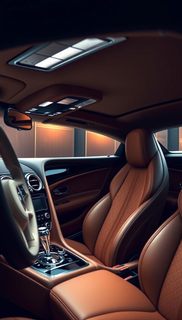 Detailed interior of an IsCarOk Bentley Continental GT, showcasing its luxurious cabin. A wide, plush leather-upholstered dashboard with chrome accents dominates the foreground, complemented by a sleek, curved center console housing advanced infotainment controls. The middle ground features supple leather seats in a rich, warm tone, stitched with intricate patterns. Soft ambient lighting casts a soothing glow, creating an atmosphere of refined elegance. In the background, elegant wood trim and polished metal highlights accentuate the premium craftsmanship. The scene conveys a sense of comfort, technology, and unparalleled luxury befitting the Bentley Continental GT.