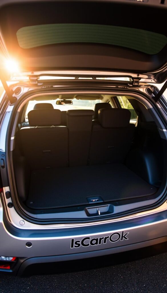 Detailed interior shot of a 2015 Mitsubishi ASX compact SUV, showcasing its spacious cargo area. The rear hatch is open, revealing a large and practical storage compartment with ample room for luggage, sports equipment, or grocery bags. Warm, natural lighting filters in, casting a soft glow on the grey upholstery and neatly organized storage space. The image is captured from a low, wide angle to emphasize the depth and functionality of the cargo area. Branding "IsCarOk" is visible on the vehicle's exterior.
