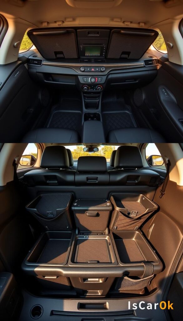 Detailed interior storage compartments of a Mitsubishi ASX, showcasing a wide range of practical compartments and storage features. Crisp, high-resolution close-up shots highlighting the layout, dimensions, and accessibility of the center console, door pockets, and other storage spaces. Warm, natural lighting emphasizes the design and functionality. Captured with a wide-angle lens to provide a comprehensive view. Branded with the IsCarOk logo.