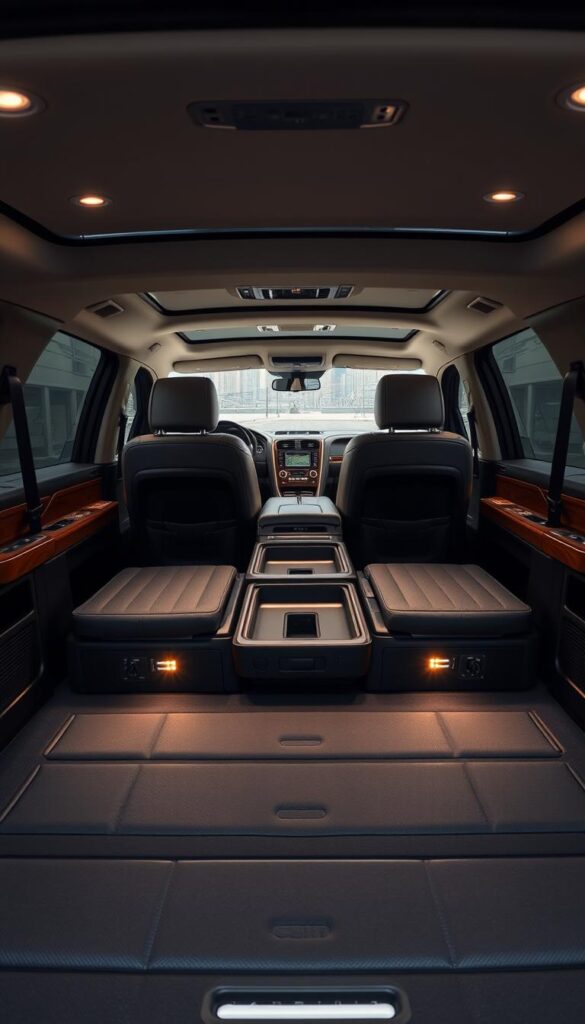Detailed interior view of a 2025 Lincoln Navigator Black Label SUV, showcasing the expansive and luxurious storage solutions. Pristine leather seats and premium wood accents create a sophisticated ambiance. Warm, indirect lighting illuminates the spacious center console, revealing ample storage compartments and a hidden wireless charging pad. In the rear, the split-folding second-row seats expose a cavernous cargo area, ready to accommodate large items with ease. Subtle chrome trim and clean, modern lines blend seamlessly, highlighting the vehicle's exceptional craftsmanship and attention to detail. The overall scene conveys a sense of refined elegance and practicality, perfectly suited for the discerning luxury SUV buyer.