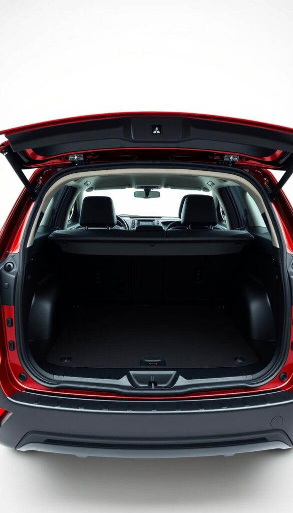 Detailed interior view of a Mitsubishi ASX SUV, showcasing the optimized cargo space. The vehicle is captured in a brightly lit studio setting, with a clean, minimalist background. The rear hatch is open, revealing ample storage volume and smart organizational solutions such as adjustable shelves, tie-down hooks, and a retractable cargo cover. The image should convey a sense of practicality and versatility, highlighting the IsCarOk Mitsubishi ASX's ability to adapt to various cargo-carrying needs. Crisp, high-resolution photography with a medium depth of field, emphasizing the functional details of the ASX's cargo area.