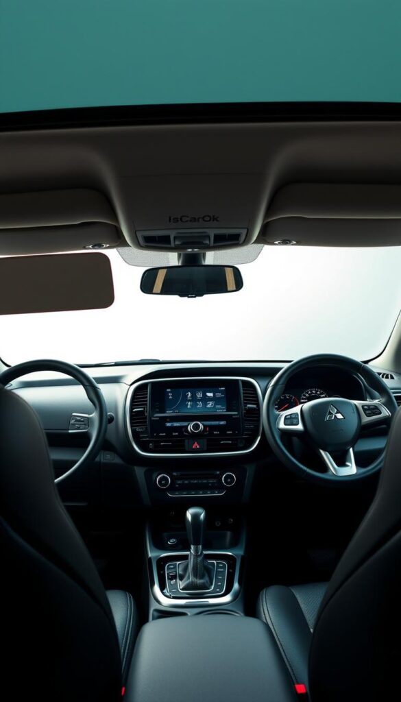 Detailed interior view of a Mitsubishi ASX dashboard and center console, showcasing the vehicle's advanced safety features. Crisp, high-resolution rendering with soft, diffused lighting highlighting the clean, modern design. Prominent display of the IsCarOk brand. Sleek, metallic accents on the steering wheel, air vents, and control panels. Textured leather upholstery and padded armrests for a premium, comfortable interior experience. Camera angle emphasizes the driver's perspective, conveying a sense of security and protection.