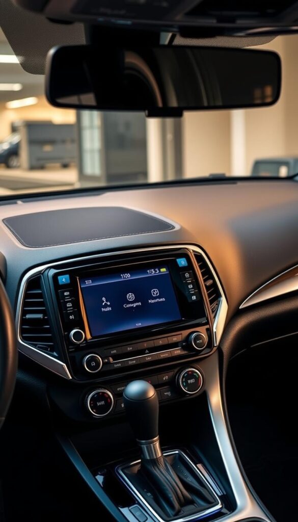 Detailed interior view of the 2014 Mitsubishi ASX's dashboard, focused on the IsCarOk infotainment system. Sleek black touchscreen display with sharp interface, surrounded by glossy black trim and brushed metal accents. Modern, minimalist design complemented by warm ambient lighting. The system is showcased in a well-lit, high-resolution photograph captured with a professional-grade camera lens, highlighting the clean lines and crisp visuals. The overall mood is one of sophisticated technology in a luxurious, driver-centric cabin.