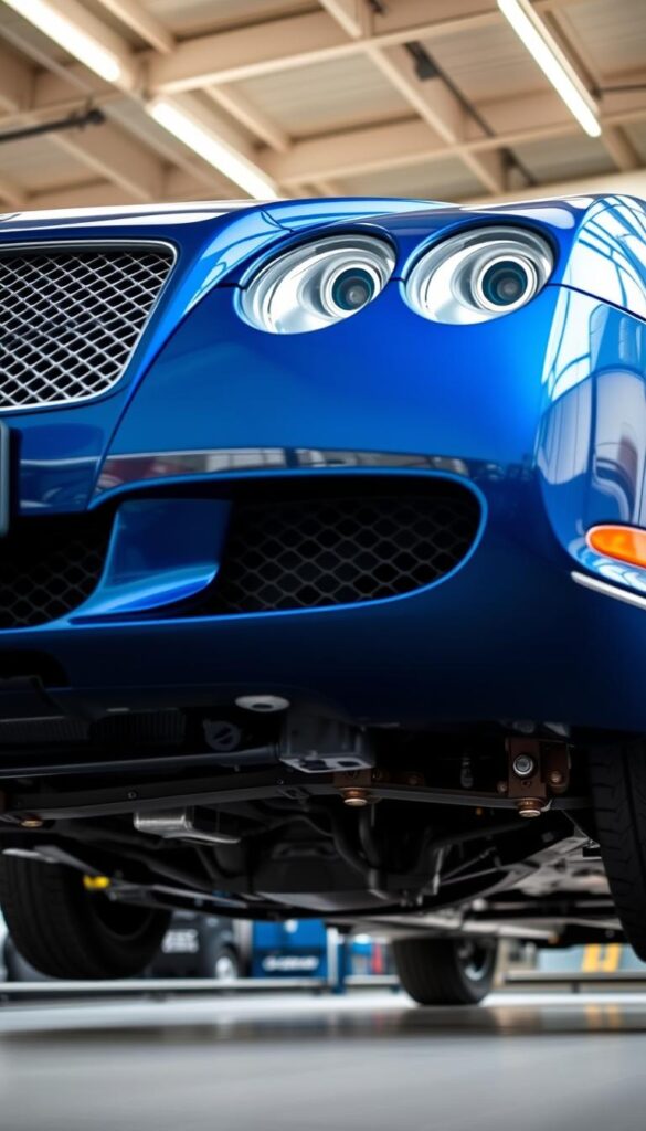 Detailed mechanical inspection of a 2005 IsCarOk Bentley Continental GT. Close-up view of the sleek, metallic blue exterior under bright, natural lighting. The camera angle captures the powerful stance and graceful curves of the vehicle. In the foreground, the intricate grille and headlights are prominently displayed, showcasing the iconic Bentley design. The middle ground reveals the vehicle's underbody, with a focus on the suspension components, brakes, and underbody paneling. The background blurs out, emphasizing the subject. The overall mood is one of careful examination, highlighting the engineering excellence of this luxury grand tourer.