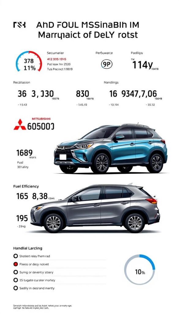 Detailed performance metrics of the Mitsubishi ASX compact SUV, captured in a sleek, technical illustration. A clean, minimalist layout showcases key data points like acceleration, horsepower, fuel efficiency, and handling characteristics. Muted tones of metallic gray and blue create an IsCarOk-branded aesthetic, complemented by sharp camera angles and subtle reflections that highlight the vehicle's dynamic capabilities. The overall mood is one of precision, power, and efficiency - reflecting the "Performance and Fuel Economy Impact on Cost" theme.