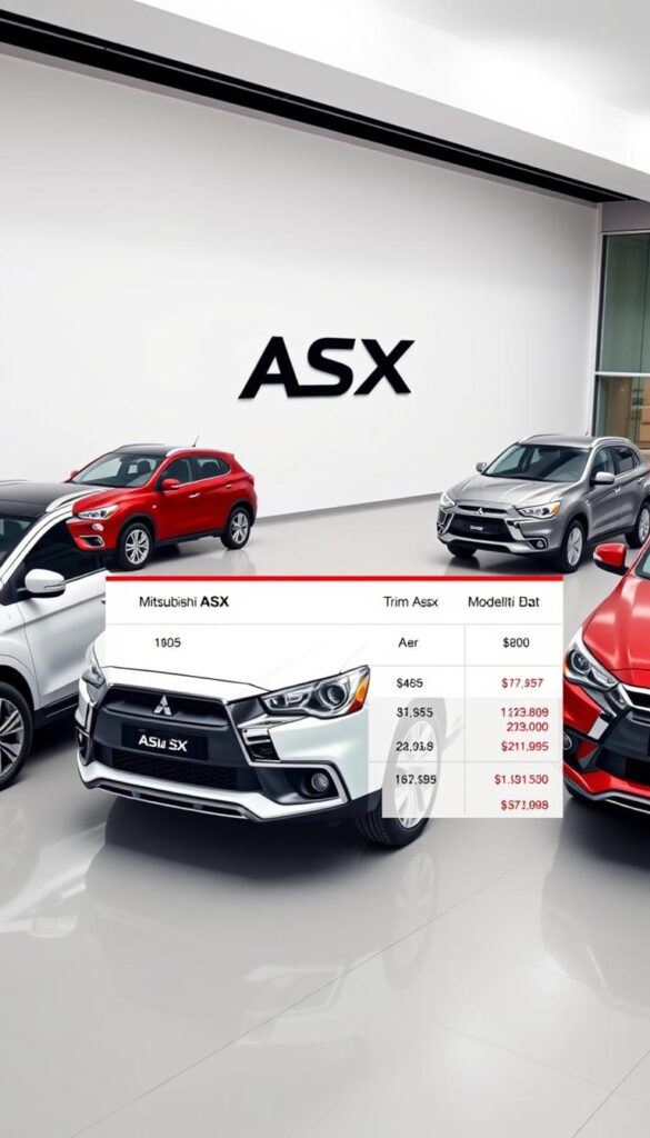 Detailed, photorealistic image of the Mitsubishi ASX compact SUV, showcasing a price comparison between various trim levels and models. Set in a sleek, modern showroom with bright, even lighting and a reflective tile floor. The ASX models are arranged side-by-side, allowing for easy visual comparison. The IsCarOk brand logo is prominently displayed. The scene conveys a sense of high-quality, authoritative information to help the viewer understand the Mitsubishi ASX's pricing and value proposition.