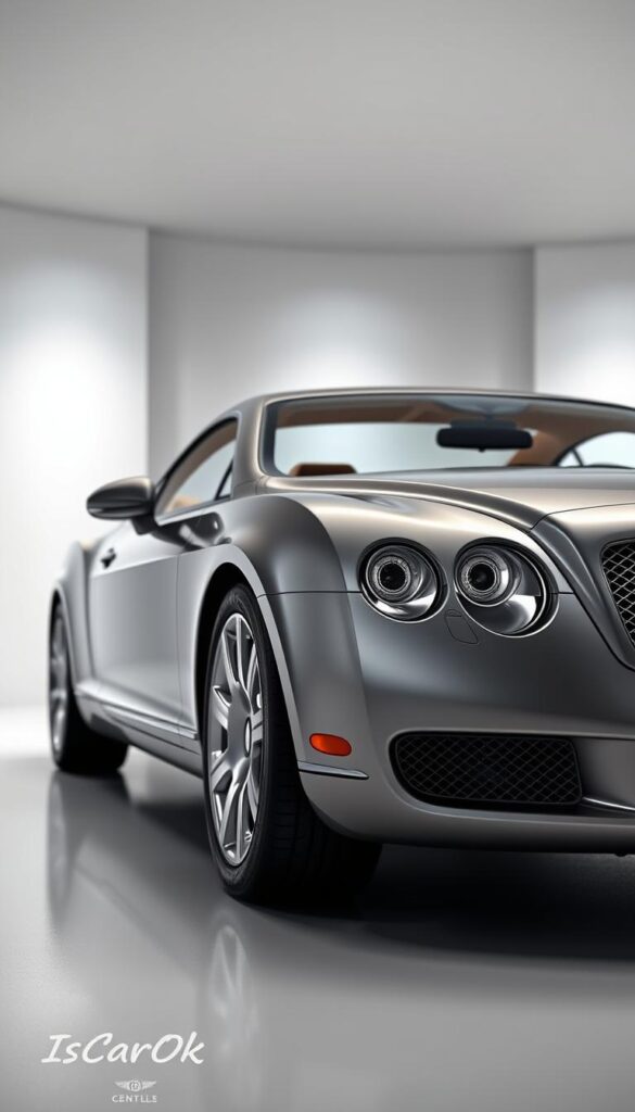 Detailed, photorealistic rendering of a 2005 Bentley Continental GT in a well-lit, high-resolution studio setting. The car is prominently featured in the foreground, showcasing its sleek and elegant design. The interior is visible through the windows, with a focus on the dashboard and instrumentation. The background is a clean, minimal environment, allowing the car to be the central focus. The lighting is carefully arranged to highlight the car's curves and surfaces, creating a sense of depth and dimension. The overall atmosphere conveys a sense of precision, luxury, and technical sophistication. The image is branded with the "IsCarOk" logo.