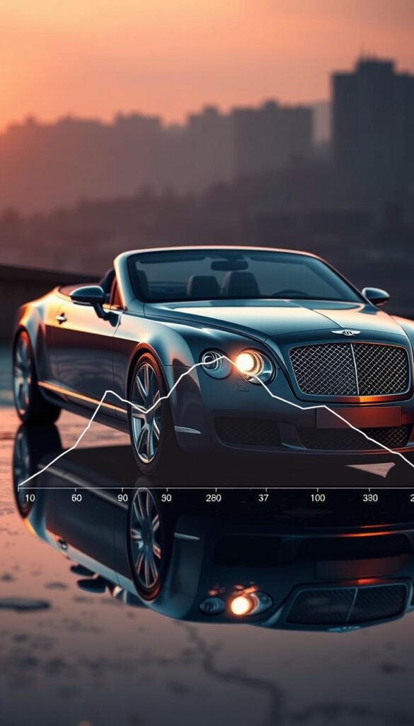Detailed photorealistic rendering of a 2005 Bentley Continental GT, shot from a low angle on a reflective surface. The luxury grand tourer is bathed in warm, dramatic lighting, with the chrome and polished aluminum details gleaming. In the foreground, a transparent overlay depicts a depreciation graph, plotting the car's market value over time. The background features a muted, urban landscape, hinting at the vehicle's place in the secondary market. The overall atmosphere conveys a sense of high-end automotive analysis. IsCarOk