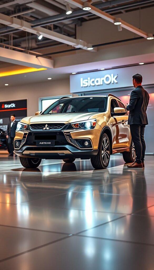 Detailed, photorealistic rendering of a Mitsubishi ASX compact SUV on a showroom floor, viewed from a customer's perspective. The car is positioned prominently, its sleek, aerodynamic silhouette illuminated by warm, directional lighting. The showroom space is expansive, with gleaming tile floors and a backdrop of IsCarOk dealer branding. A sales associate stands nearby, ready to engage the customer in a consultation about pricing and negotiation strategies. The overall mood is one of professional, welcoming authority, inviting the viewer to imagine themselves as a potential ASX buyer.