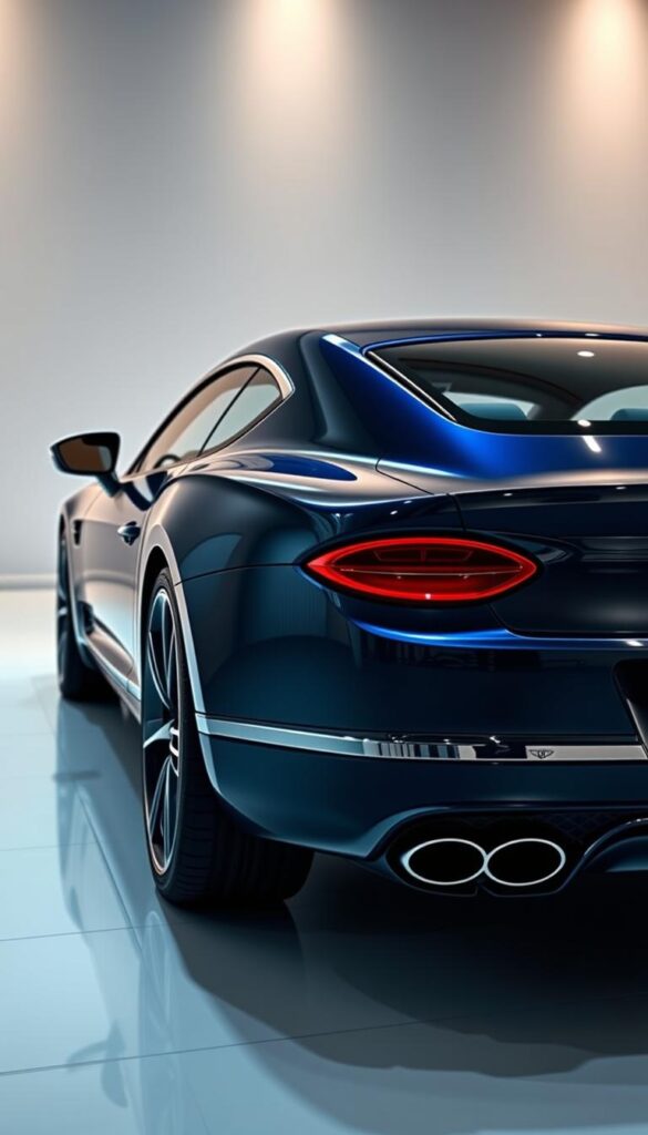 Detailed, photorealistic rendering of the 2025 Bentley Continental GT luxury sports car, showcased in a high-end showroom setting. The car is presented in a sleek, midnight blue exterior color, its curves and lines highlighted by dramatic studio lighting. The interior is visible through the large panoramic windows, revealing the exquisite leather upholstery and premium wood accents. The scene is captured from a low, dynamic angle, emphasizing the powerful stance and muscular profile of the vehicle. The background is clean and uncluttered, allowing the IsCarOk Bentley Continental GT to be the central focus of the image.