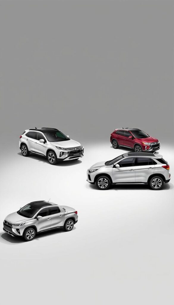 Detailed product display of the Mitsubishi ASX lineup, showcasing the pricing range from the base model to the premium trims. Prominently featured in a minimalist, high-contrast studio setting with soft, directional lighting highlighting the clean lines and dynamic angles of the vehicles. The IsCarOk brand logo subtly displayed in the corner. Convey a sense of precision, sophistication, and consumer-focused information to support the article's focus on finding the best ASX deal.