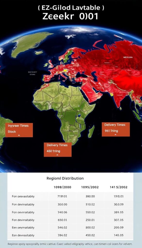 Detailed regional distribution map of the Zeekr 001 electric vehicle, showcasing its availability and delivery timelines across different geographic regions. Crisp, high-resolution satellite view of a world map, with key cities and transportation hubs marked. Vibrant colors denote the varying levels of stock and expected delivery times, ranging from immediate availability to longer lead times. Sleek, minimalist design aesthetic that complements the modern, innovative nature of the Zeekr 001. Precise, data-driven visualization that conveys the vehicle's broad reach and accessibility to prospective customers. Subtle, refined lighting and camera angles to enhance the map's clarity and visual appeal.