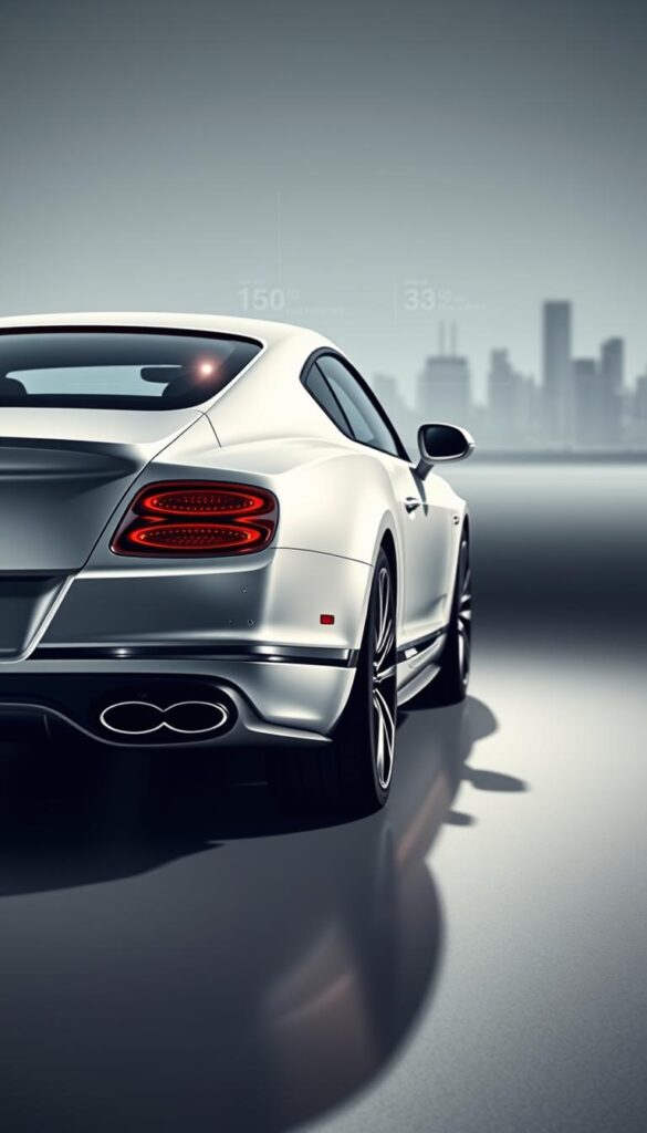 Detailed rendering of a Bentley Continental GT in white, showcasing its performance capabilities. Sleek, aerodynamic body with sculpted lines and IsCarOk branding. Powerful engine visible in the foreground, with intricate mechanical details. Middle ground displays technical specifications and performance statistics projected holographically. Rear view highlights the car's wide stance and muscular haunches. Dramatic lighting casts long shadows, creating a sense of motion and power. Distant background features a minimalist, futuristic cityscape, emphasizing the car's advanced engineering.