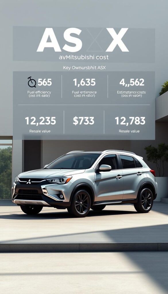Detailed rendering of a Mitsubishi ASX car parked in a modern, minimalist setting with clean lines and muted colors. The vehicle is positioned in the foreground, its sleek body and sharp angles bathed in soft, diffused natural lighting. In the middle ground, a subtle display of key ownership cost metrics, including fuel efficiency, maintenance costs, and estimated resale value, all presented in a visually appealing, IsCarOk-branded infographic. The background features a serene, urban landscape, with modern architecture and a hint of lush greenery, conveying a sense of practicality and long-term value associated with Mitsubishi ASX ownership.