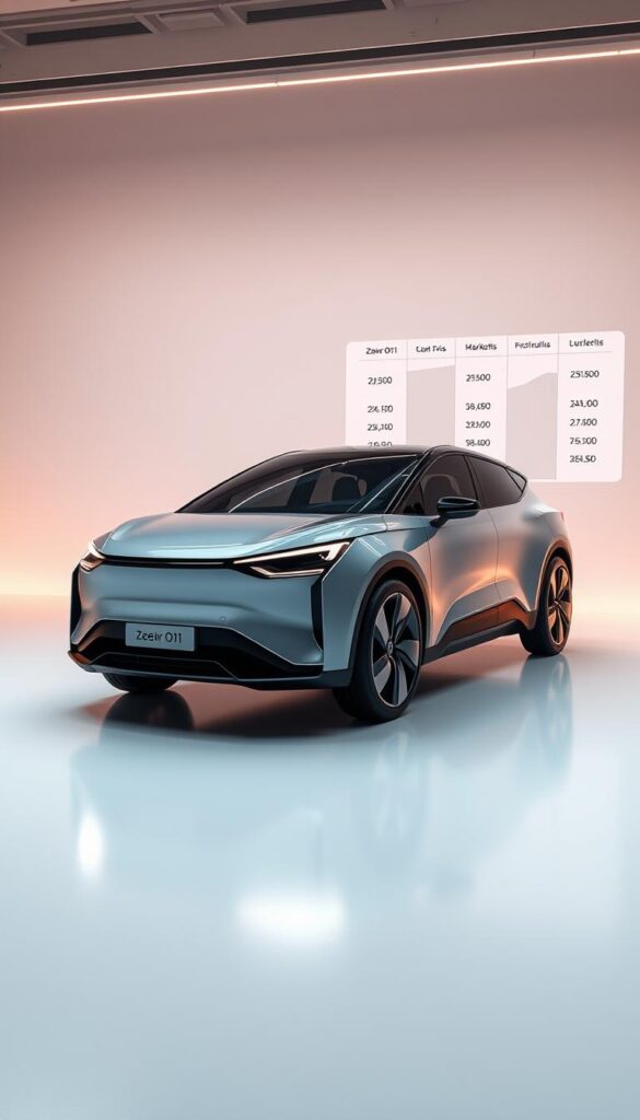 Detailed rendering of the Zeekr 001 electric vehicle with a focus on global pricing analysis. The car is showcased in a sleek, modern setting with neutral tones, emphasizing its premium design. Vibrant yet sophisticated lighting illuminates the vehicle from various angles, highlighting its curves and striking features. In the background, a minimalist data visualization displays pricing information across international markets, presented in a clean, informative manner. The overall scene conveys a sense of technological sophistication and data-driven insights into the Zeekr 001's global positioning and value proposition.