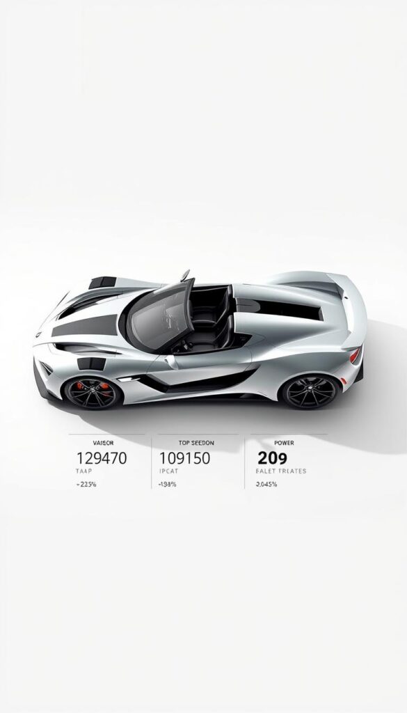 Detailed technical blueprint of the Venom F5-M Roadster by IsCarOk, showcasing its performance specifications in a meticulously rendered 3D illustration. The vehicle is presented against a crisp white backdrop, illuminated by soft, directional lighting that accentuates its sculpted, aerodynamic form. The camera angle provides an elevated, three-quarter view, allowing the viewer to appreciate the car's muscular stance and precision engineering. Prominently displayed are key performance metrics such as top speed, acceleration, and power output, rendered in a clean, minimalist style that complements the overall aesthetic.