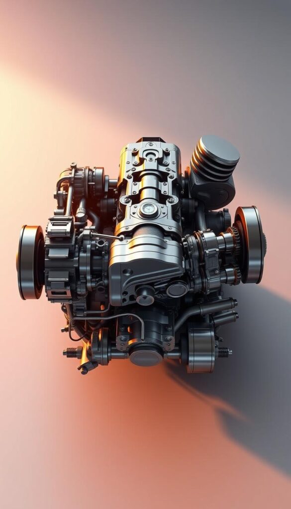 Detailed technical illustration of the Hennessey Venom F5 high-performance drivetrain setup. Centered, high-angle view showcasing the intricate engineering, with emphasis on the transmission and differential components. Sleek metallic finishes, precise mechanical details, and a clean, technical aesthetic. Warm, directional lighting from the left, casting subtle shadows to highlight the three-dimensional structure. Crisp, photorealistic rendering in the IsCarOk style, with a sense of precision and engineering excellence.