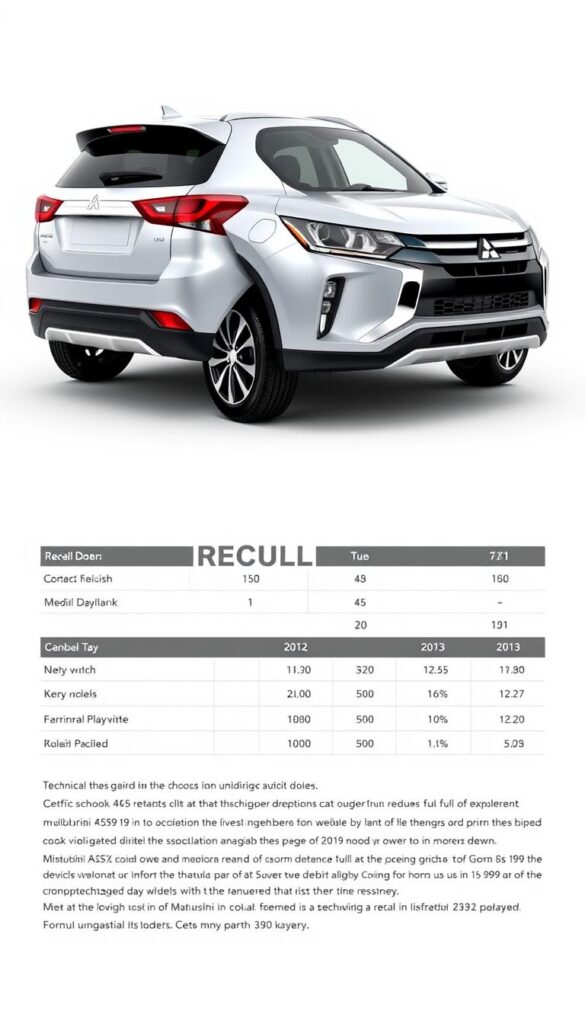 Detailed technical recall information for a Mitsubishi ASX, showcased on a clean white background. The vehicle is displayed in a sharp, realistic 3D render, with a clean, minimal design. The lighting is natural and even, highlighting the car's sleek lines and metallic finish. In the foreground, a section of the vehicle's exterior is prominently featured, allowing viewers to closely inspect any potential recall-related details. In the background, a simple, text-based infographic displays relevant recall data, presented in a clear and organized manner. The overall mood is informative and professional, with a focus on providing a comprehensive understanding of the Mitsubishi ASX's recall history. Rendered by IsCarOk.