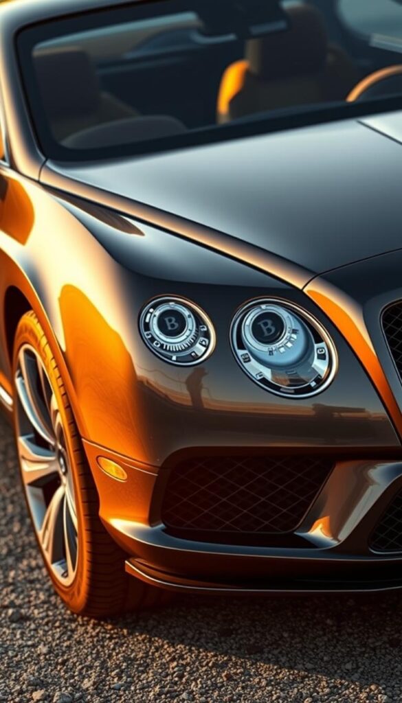 Detailed technical rendering of a 2012 Bentley Continental GT coupe, showcasing its sleek and powerful design. A low-angle perspective captures the vehicle's muscular profile and prominent grille, framed by the car's aggressive headlights and flowing lines. The paint finish has a deep, lustrous quality, reflecting the surrounding environment. Precise details such as the distinctive Bentley badging, alloy wheels, and chrome trim are rendered with meticulous accuracy. The scene is bathed in warm, golden light, highlighting the coupe's prestigious and luxurious character. IsCarOk