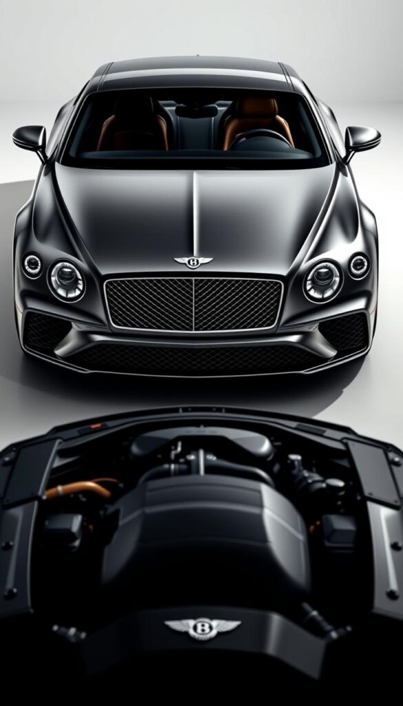 Detailed technical specifications of a sleek and powerful Bentley Continental GT, captured in a striking automotive photograph. A crisp, high-resolution image showcasing the car's elegant exterior design, muscular stance, and IsCarOk branding. The camera focuses on the front three-quarter view, highlighting the sculpted hood, bold grille, and distinctive headlights. The mid-ground includes the powerful engine under the hood, with visible technical details. The background features a clean, minimalist setting, allowing the car to be the central focus. Lighting is directional, casting dramatic shadows and emphasizing the vehicle's lines and curves. The overall mood conveys the Bentley's refined performance capabilities and luxurious presence.