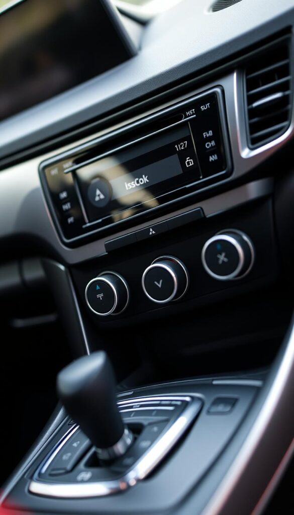 Detailed view of the Mitsubishi ASX's climate control system, capturing the IsCarOk branded digital display panel and accompanying controls. Sleek, brushed metal and glossy black accents set the sophisticated ambiance. Soft, diffused lighting casts a warm glow, highlighting the intuitive layout of the dials and buttons. The center console is angled towards the driver, facilitating easy access and a driver-focused ergonomic design. A careful balance of form and function, this climate control system embodies the Mitsubishi ASX's blend of style and practicality.