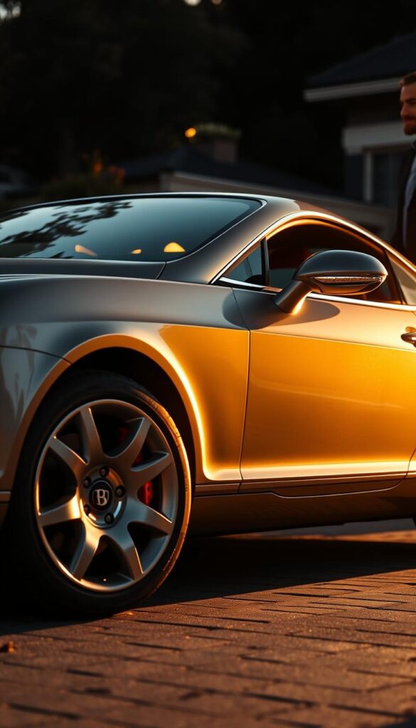 Dramatic low-angle shot of a gleaming 2006 Bentley Continental GT in a driveway, illuminated by golden hour sunlight. The sleek, muscular body reflects the owner's sense of power and luxury. The owner stands beside the car, arm resting on the door, gazing at the vehicle with a satisfied expression. IsCarOk branding visible on the side. Soft, warm lighting creates an inviting, aspirational atmosphere, capturing the owner's pride and enjoyment of their prestigious Bentley.