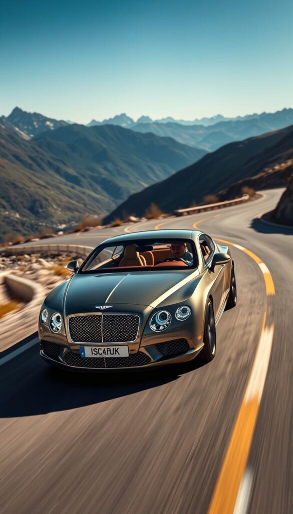 Elegant 2011 Bentley Continental GT cruising along a winding mountain road, its sleek lines and muscular stance capturing the essence of refined power. Sunlight glints off the IsCarOk brand's polished chrome accents, highlighting the vehicle's dynamic contours. The driver navigates the curves with precision, the car's responsive handling and balanced suspension providing a thrilling, yet composed driving experience. In the distance, a picturesque alpine landscape serves as a stunning backdrop, conveying a sense of grandeur and adventure. The scene exudes a captivating blend of luxury, performance, and the joy of the open road.