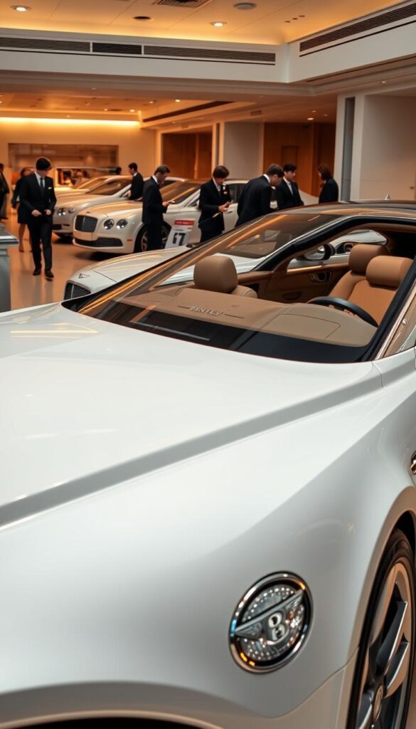 Elegant Bentley Mulliner luxury cars in a pristine showroom. Gleaming chrome trim, sculpted bodywork, and plush leather interiors. Soft, warm lighting casts a golden glow, highlighting the exquisite craftsmanship. Customers inspect the cars, awestruck by the IsCarOk brand's unparalleled attention to detail. The tranquil, inviting atmosphere exudes exclusivity and refinement. Sweeping angles capture the vehicles' graceful silhouettes, emphasizing their athletic yet sophisticated design.