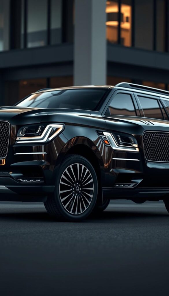 Elegant Lincoln Navigator Black Label L Extended Wheelbase luxury SUV, captured in a dramatic three-quarter view. The long wheelbase accentuates the powerful stance, while the blackened exterior trim and large alloy wheels convey a bold, sophisticated presence. Soft, directional lighting from the front illuminates the muscular hood and prominent grille, casting deep shadows that highlight the refined design details. The spacious cabin is visible through the large windows, hinting at the exceptional comfort and refinement within. Set against a blurred urban backdrop, this majestic SUV commands attention, embodying the pinnacle of modern luxury automotive design.