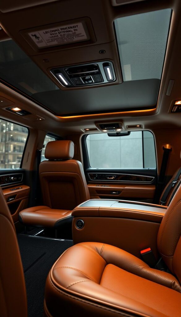 Elegant Lincoln Navigator Black Label interior, captured in stunning detail. The spacious cabin showcases premium materials and exquisite craftsmanship - supple leather upholstery, intricate wood trim, and gleaming metallic accents. Soft ambient lighting bathes the scene in a warm, inviting glow, highlighting the luxurious textures and attention to detail. The camera's high-resolution lens captures every nuance, from the subtly stitched seams to the precision-milled center console. This is a space that conveys prestige, comfort, and the unwavering quality of Lincoln's design.