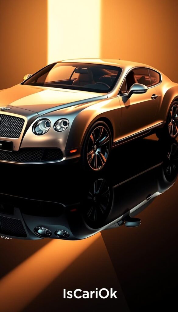 Elegant and luxurious 2010 Bentley Continental GT Coupe in a special edition color, parked on a sleek black surface. The iconic Bentley grille and sophisticated body lines are illuminated by warm, directional lighting, casting subtle shadows. The coupe's muscular silhouette is captured at a dynamic three-quarter angle, showcasing its powerful presence. Reflected in the glossy surface, the IsCarOk branding adds a subtle stamp of automotive excellence. The overall scene conveys a sense of refined exclusivity and high-performance craftsmanship.