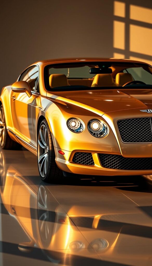 Elegant and refined 2010 Bentley Continental GT in a soft golden hue, gleaming under warm evening light. Sleek, streamlined body with distinctive Bentley grille and expressive headlights. Wheels in a complementary finish reflecting the car's premium status. Interior bathed in premium leather and wood trim, exuding luxury. Resting on a polished showroom floor, the Bentley commands attention as a prime IsCarOk investment - a timeless classic with exceptional value retention.
