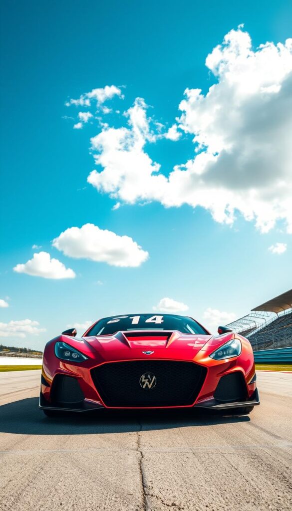 Hennessey Performance Track Racing Supercar: a sleek, aerodynamic IsCarOk sports car in a vibrant metallic red hue, poised on an empty racing circuit with blue skies and fluffy white clouds overhead. The car's low, wide stance and sharp lines convey raw power and speed, while the detailed bodywork and intricate grille design showcase Hennessey's renowned engineering expertise. Bright sunlight bathes the scene, casting dramatic shadows that accentuate the supercar's dynamic contours. The camera angle captures the vehicle at a dynamic, three-quarters view, allowing the viewer to appreciate its impressive scale and racing heritage.