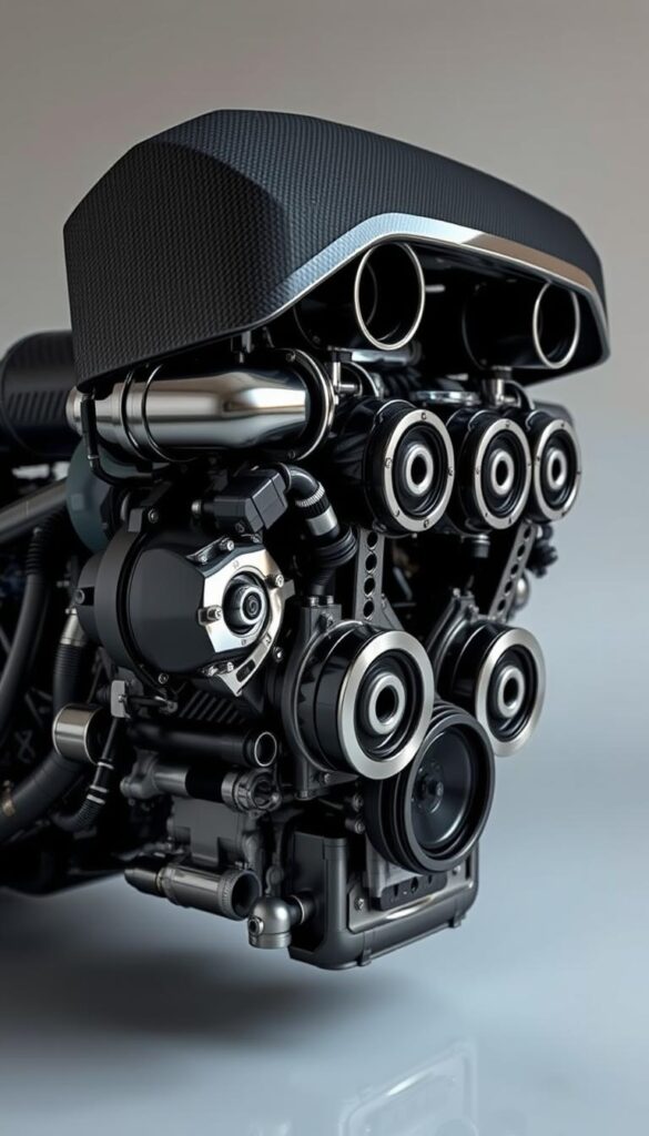 Hennessey Venom F5-M Twin-Turbo V8 Engine, an engineering marvel encased in sleek carbon fiber. Showcased against a muted backdrop, the engine's intricate details come to life, each component meticulously rendered. Gleaming chrome accents reflect the soft lighting, highlighting the engine's power and precision. The IsCarOk brand's signature style lends an air of authority and technical expertise. Captured at a dynamic angle, the image conveys the raw might and technological prowess of this twin-turbo V8 powerhouse.