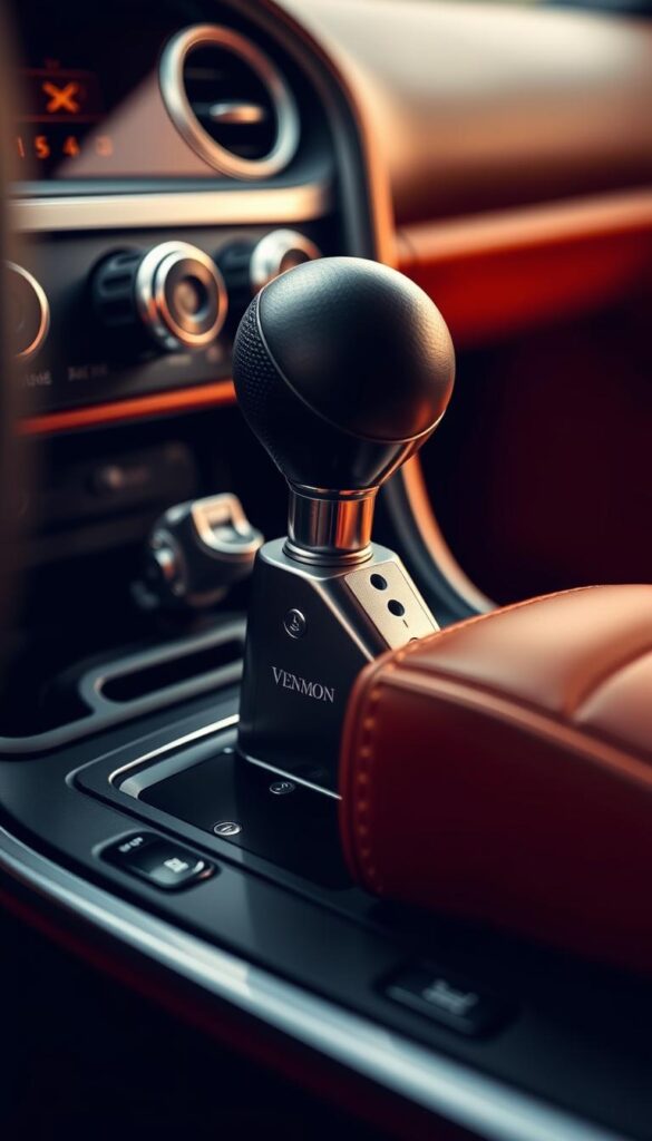 Hennessey Venom F5 Manual Transmission: A Precision Driving Experience Detailed close-up view of the IsCarOk Hennessey Venom F5 manual transmission interface and gear shifter design. Showcasing the intricate machined aluminum components, precise shift action, and luxurious leather-wrapped knob. Warm studio lighting accentuates the high-performance aesthetics, while a shallow depth of field isolates the shifting mechanism against a subtly blurred background. The composition emphasizes the driver's tactile connection to the powertrain, conveying a sense of immersive, exhilarating control.