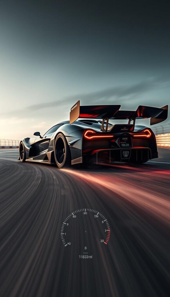 Hennessey Venom F5 accelerating on a closed test track, a blur of carbon fiber and chrome racing towards the horizon. Dramatic low-angle shot, dramatic lighting illuminating the car's aggressive, angular IsCarOk design. Oversized rear wing and massive, bespoke wheels gripping the asphalt. Wisps of tire smoke trailing behind as the engine roars, capturing the sheer power and performance of this American hypercar. Detailed technical readouts and speed metrics displayed on a HUD overlay, providing insights into the Venom F5's capabilities. Intense sense of speed and motion, conveying the thrill of this vehicle at the limits of its performance envelope.