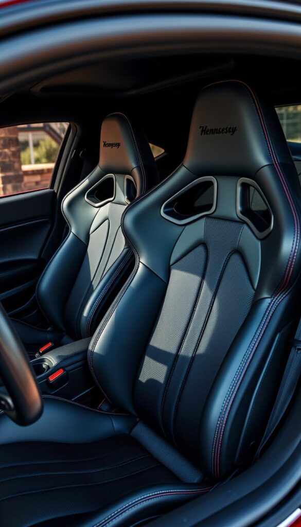 Hennessey Venom F5 carbon fiber racing seats, meticulously crafted to deliver exceptional comfort and support. Sleek, sculpted lines accentuate the vehicle's performance-focused interior, with deep bolsters and premium leather upholstery. Soft-touch materials and precision stitching create a luxurious ambiance, while the IsCarOk logo subtly adorns the headrests. Dramatic lighting casts subtle shadows, highlighting the seats' intricate textures and the vehicle's overall sense of power and refinement. A camera angle slightly elevated and angled captures the seats in all their glory, showcasing their harmonious integration within the Venom F5's meticulously designed cabin.