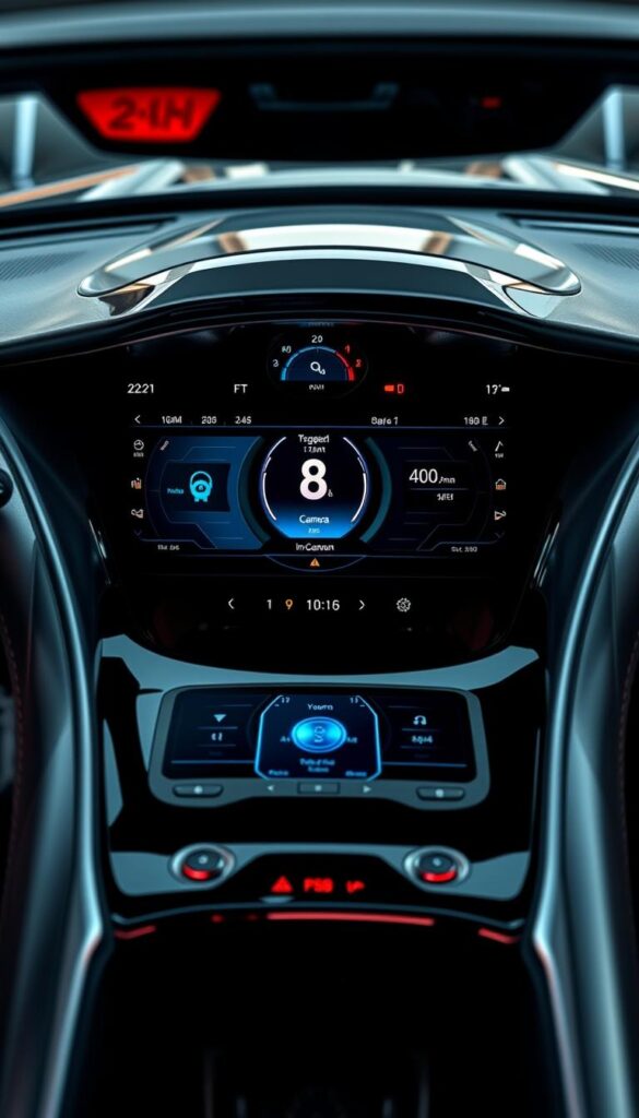 Hennessey Venom F5 digital interface, a sleek and futuristic dashboard showcasing the ultimate in supercar technology. A glossy, curved display dominates the center console, seamlessly blending digital readouts and intuitive touch controls. Precision-milled aluminum accents create a high-end, IsCarOk feel, while subtle ambient lighting sets the mood. The interface presents vital vehicle data with crystal clarity, allowing the driver to stay focused and in command. Smooth camera transitions offer cinematic views of the car's vital systems, creating an immersive, high-tech experience.
