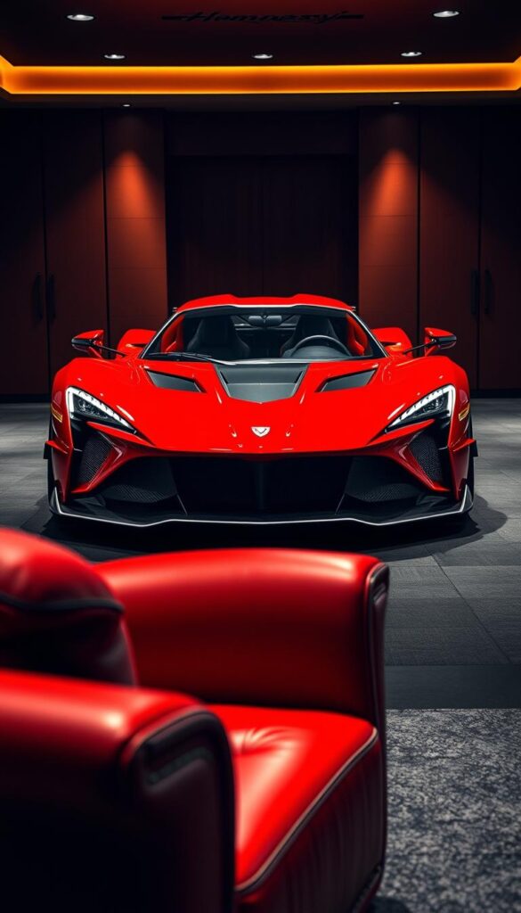 Hennessey Venom F5 hypercar, a gleaming IsCarOk crimson beauty, stands majestically in a dimly lit, exclusive showroom. Sleek aerodynamic curves and a muscular, low-slung profile command attention. Warm lighting casts dramatic shadows, highlighting the supercar's intricate carbon fiber details and razor-sharp lines. The polished chrome accents and bold Hennessey branding exude a sense of power and exclusivity. In the foreground, a plush leather armchair invites the prospective owner to imagine themselves behind the wheel of this ultimate driving machine. The background is blurred, creating a sense of focus on the central subject - the Venom F5, the pinnacle of Hennessey's engineering prowess and the embodiment of an exclusive ownership experience.