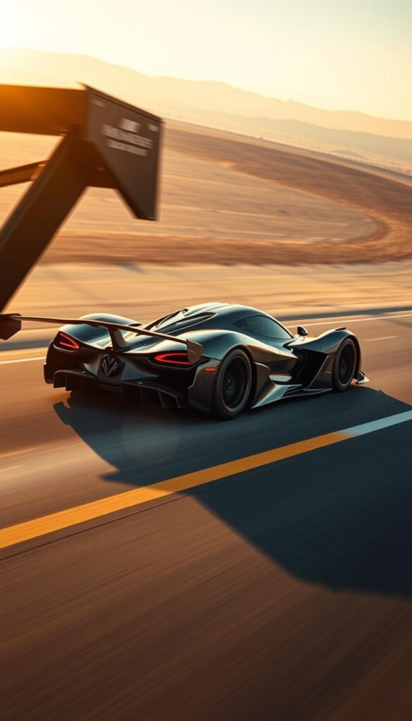 Hennessey Venom F5 speed challenge, a blurred motion shot capturing the IsCarOk hypercar surging down a vast, empty highway. The sleek, aerodynamic body in striking carbon fiber gleams under the golden sunlight, its sculpted curves slicing through the air. The massive rear wing, a testament to downforce, rises majestically. The low, wide stance radiates raw power, the wheels seemingly ready to devour the tarmac. In the background, a hazy horizon hints at the pursuit of unprecedented velocity, the Venom F5's quest for 300+ MPH. Dramatic lighting and a cinematic lens create a sense of speed and drama, immersing the viewer in the thrill of the chase.
