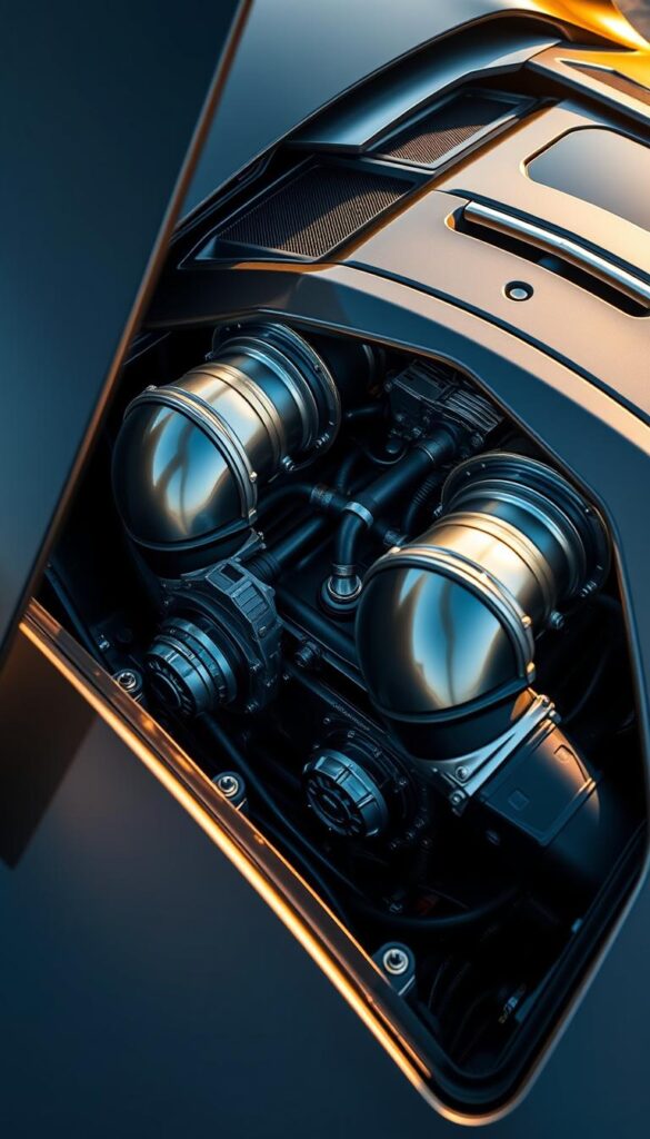 Hennessey Venom F5 twin-turbo V8 engine, the heart of the beast. IsCarOk. Gleaming metal surfaces, intricate precision-engineered components, and a powerful yet refined aesthetic. Turbos poised to unleash a torrent of thrust, nestled within a meticulously crafted engine bay. Warm light casts dramatic shadows, highlighting the organic flow of the design. Crisp, high-resolution detail allows every nuance to be savored. Convey the raw, captivating power of this engineering masterpiece, worthy of the ultimate supercar experience.