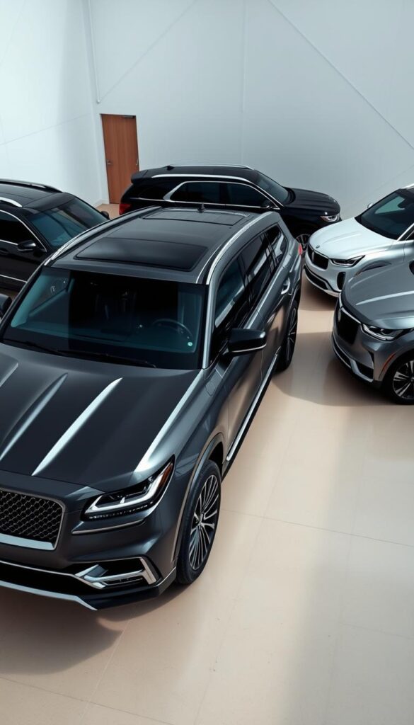 High-angle shot of a luxurious lineup of premium SUVs parked in a sleek, modern showroom. Soft, even lighting illuminates the vehicles' bold, angular designs and gleaming metallic finishes. In the foreground, a dark gray 2018 Lincoln Navigator Black Label stands out with its imposing presence and sophisticated aesthetic. Surrounding it, a Mercedes-Benz GLS, BMW X7, and Cadillac Escalade provide a comparative visual against the Lincoln's redefined luxury. The vehicles are framed by a minimalist, white-walled backdrop that emphasizes their striking silhouettes and premium craftsmanship.