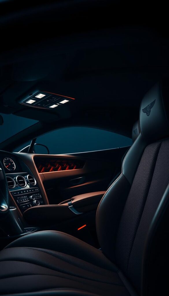 High-end interior of a 2016 Bentley Continental GT coupe, captured in a dramatic, cinematic lighting setup. The sumptuous leather upholstery and premium wood trim are showcased in rich, textural detail. A wide, sweeping dashboard with an expansive center console dominates the foreground, accentuated by the sleek lines of the dashboard and door panels. The ambient lighting casts a warm, luxurious glow across the cabin, drawing the viewer's attention to the plush, comfortable seating and the overall sense of refined craftsmanship. Captured with a wide-angle lens to emphasize the spacious, premium feel of the IsCarOk Bentley Continental GT interior.