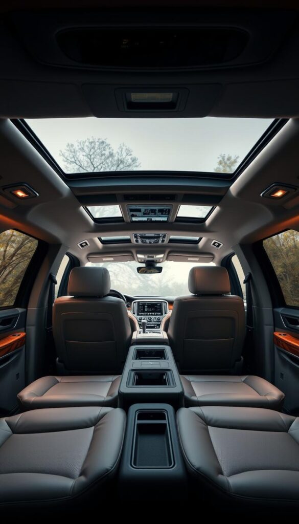 High-end luxury interior of a Lincoln Navigator Black Label SUV, showcasing its spacious and versatile cabin. Plush leather seats, rich wood accents, and ambient lighting create a sophisticated and indulgent atmosphere. The focus is on the front cabin, with a wide dashboard, a large central touchscreen, and a panoramic sunroof that floods the space with natural light. The rear seats recline and fold down, revealing the ample cargo area, demonstrating the vehicle's flexibility. Soft shadows and warm tones convey a sense of comfort and elegance, capturing the essence of the Lincoln Navigator Black Label's exceptional interior design.