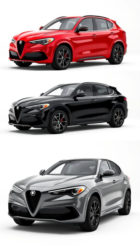 High-quality 3D render of an Alfa Romeo Stelvio Quadrifoglio in various exterior color options, including vibrant red, deep blue, sleek black, and metallic gray. The car is showcased in a clean, well-lit studio setting, with the camera positioned to capture the SUV's bold, dynamic design elements, such as the muscular fenders, aggressive front grille, and distinctive Quadrifoglio badging. The lighting accentuates the car's sculpted surfaces and glossy finish, creating a sense of depth and dimension. The background is a simple white seamless, allowing the Stelvio's design to be the sole focus of the image.