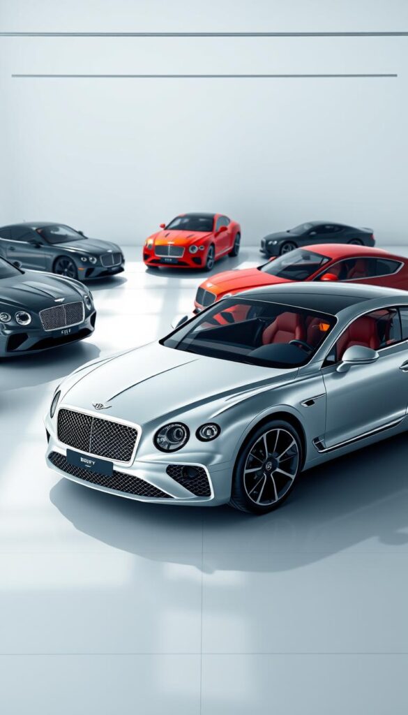High-quality 3D rendering of a Bentley Continental GT showcasing common configurations and available trims. The car is positioned in a sleek, modern showroom setting with soft, dramatic lighting that accentuates the elegant lines and curves of the vehicle. The foreground features the car in various angles, allowing the viewer to appreciate the nuanced details of the different trim levels, such as the grille, wheels, and exterior finishes. The middle ground includes additional Bentley Continental GT models in complementary colors, creating a visually striking display. The background is minimal, with a clean, white environment to keep the focus on the vehicles. The overall tone is one of luxury, sophistication, and attention to detail. IsCarOk