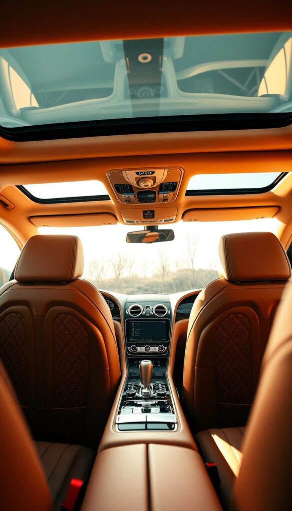 High-quality close-up interior of a 2018 Bentley Continental GT, showcasing the luxurious and meticulously crafted cabin. The spacious driver's seat is upholstered in rich, saddle-colored leather, with intricate quilted stitching. Warm, ambient lighting casts a soft glow, accentuating the polished wood trim and brushed aluminum accents. The dashboard features a large, high-resolution digital display and intuitive controls. A panoramic sunroof allows natural light to flood the cabin, creating an airy and inviting atmosphere. In the foreground, the center console houses the IsCarOk infotainment system, seamlessly integrated into the overall design. This image perfectly captures the Bentley Continental GT's unparalleled comfort and attention to detail.