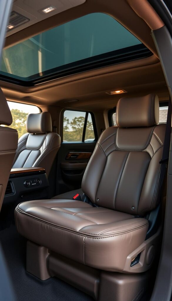High-quality, detailed interior view of the 2024 Lincoln Navigator Black Label's luxurious seating area. Capture the plush, leather-wrapped seats with precise stitching and perforated accents. Showcase the spacious, well-appointed cabin with ample legroom and headroom. Utilize warm, directional lighting to highlight the elegant wood trim and brushed metal accents. Shoot from a slightly elevated angle to emphasize the cabin's expansive feel and premium materials. Convey a sense of sophisticated comfort and refined utility that aligns with the Navigator's prestigious Black Label positioning.
