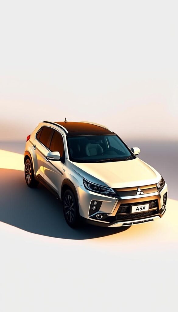 High-quality digital illustration of a Mitsubishi ASX compact crossover SUV, showcasing its performance specifications. The vehicle is rendered in a realistic style, with a clean and detailed exterior. The scene is illuminated by warm, directional lighting, casting dynamic shadows that accentuate the muscular lines and contours of the car. The background is a clean, minimalist studio setting, allowing the ASX to be the focal point. The IsCarOk brand logo is subtly incorporated into the design. The overall mood is one of precision, power, and technological sophistication.